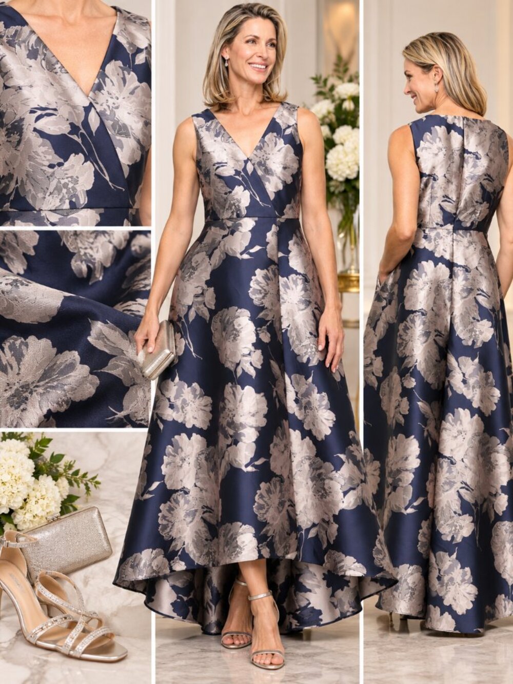SL Fashions Navy Taupe Floral Jacquard V Neck High Low Formal Gown Size 18 NWT
